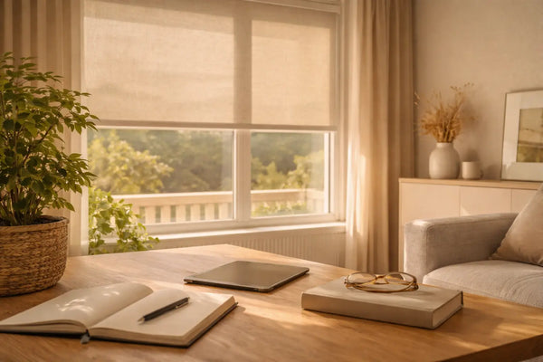 Una tenda a rullo esterna davanti alla finestra filtra la luce estiva in un soggiorno moderno con tavolo, notebook e tablet.