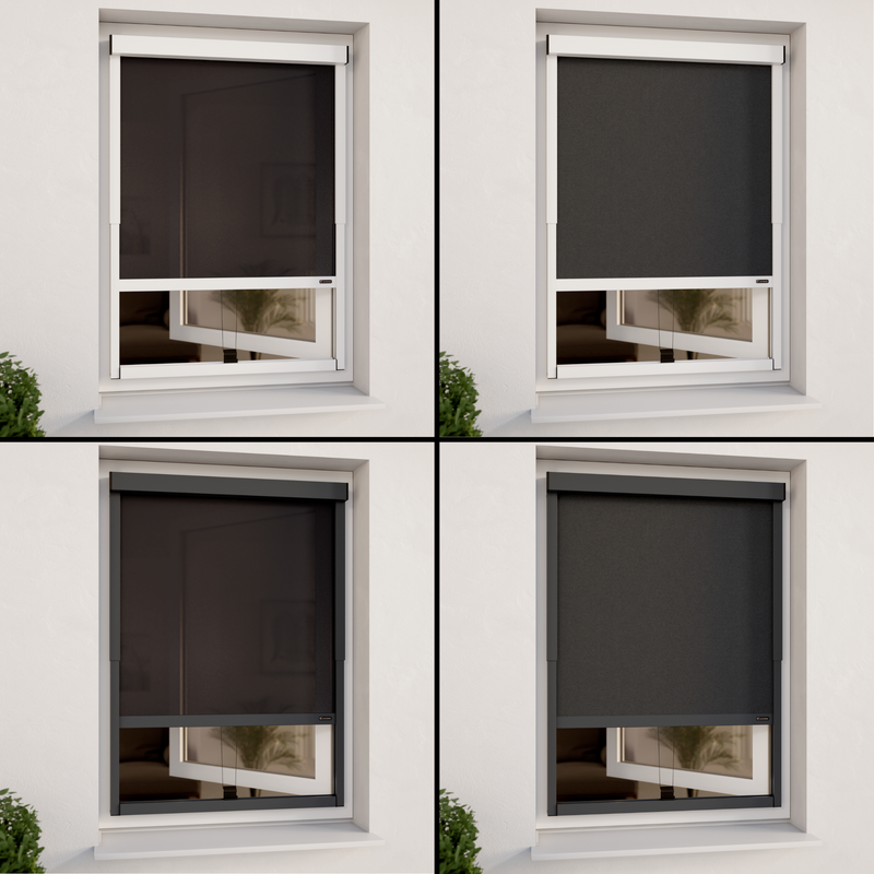 4 Außenrollo Varianten für Fenster am Fenster nebeneinander dargestellt. Außenrollo weiß mit Durchsicht Stoff
Außenrollo weiß mit Sichtschutz Stoff
Außenrollo grau mit Durchsicht Stoff
Außenrollo grau mit Sichtschutz Stoff